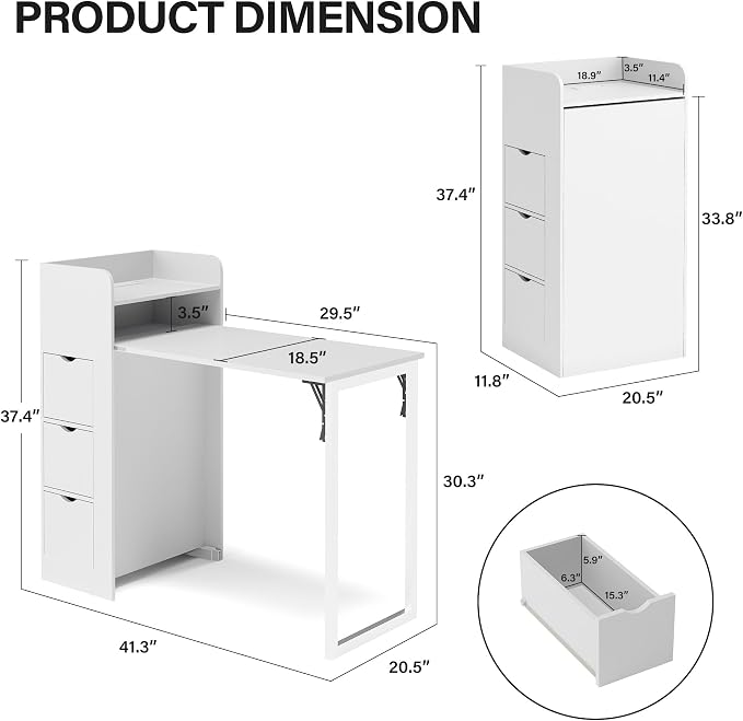 LAUSAINT HOME Wall Mounted Foldable Desk, Space Saving Hidden Desk with Storage & Power Outlet, Fold Out Table for Small Spaces, Home Office Bedroom, White