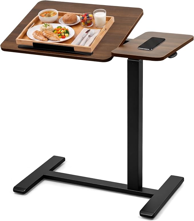 Adjustable Overbed Table with Tilt Board & Wheels, Rolling Bedside Laptop Desk for Hospital Bed Home Office, Height Adjustable Bed Table Tray for Eating Working Reading, 26.18”-42.12”（Brown）