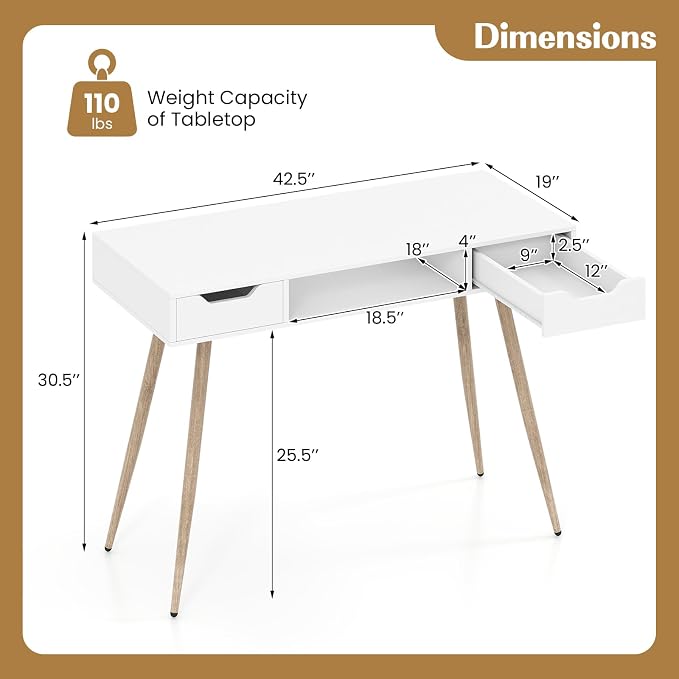 Giantex White Computer Desk with Drawers, 42.5" Minimalist Mid Century Modern Vanity Writing Desk with Open Storage Cubby & Metal Leg, Compact Wooden Study Table for Small Spaces Home Office (White)