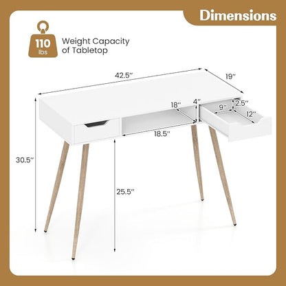 Giantex White Computer Desk with Drawers, 42.5" Minimalist Mid Century Modern Vanity Writing Desk with Open Storage Cubby & Metal Leg, Compact Wooden Study Table for Small Spaces Home Office (White)