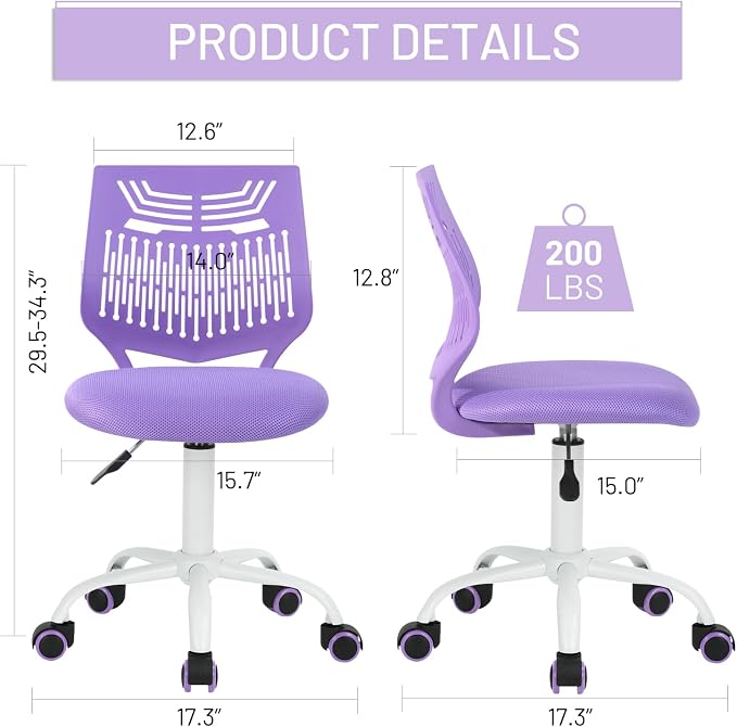 FurnitureR Desk Chair, Armless Home Office Task Chair with Mesh Padded Cushion, Swivel Study Computer Chair with Rolling Wheels for Children Kids Teens Students, Purple