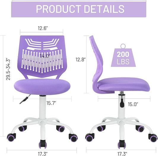 FurnitureR Desk Chair, Armless Home Office Task Chair with Mesh Padded Cushion, Swivel Study Computer Chair with Rolling Wheels for Children Kids Teens Students, Purple