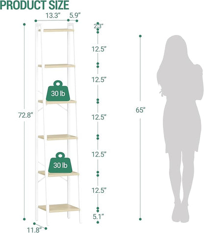 Hzuaneri Ladder Shelf, Bookshelf Bookcase, Freestanding Corner Storage Shelve with 2 Hooks for Home Office, Living Room, Kitchen, Bedroom, Industrial, 11.8" D x 13.4" W x 72.8" H, White Oak and White