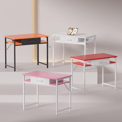 Pamray 32 Inch Small Computer Desk with Drawer and Shelves Simple Study Work Table for Bedroom White