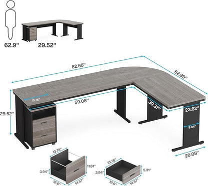 LITTLE TREE 82.67" Long Executive Desk with Drawers, Large L-Shaped Office Desk with Mobile File Cabinet, Farmhouse Computer Office Furniture Work Desk with Storage for Home Office, Gray