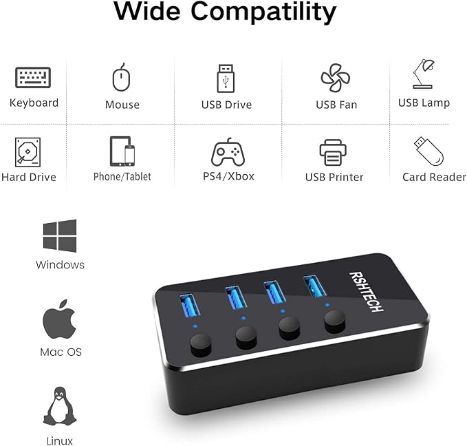 Powered USB hub RSHTECH 4 Port USB C to USB 3.0 Port Hub Expander Aluminum Portable USB 3.0 hub Splitter with 5V AC Adapter and Individual On/Off Switches (RSH-516-C)