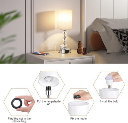 Touch Bedside Crystal Lamps for Bedrooms Nightstand with USB C+A Charging Port and AC Outlet White, 3 Way Dimmable Silver Small End Side Table Lamp for Living/Guest/Dinning Room/Kitchen