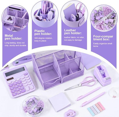 Gawsey Desk Organizers and Accessories with Desk Organizer 360° Rotating Pen Holder and Office Supplies, Cute Stationery Supplies Set (Purple)