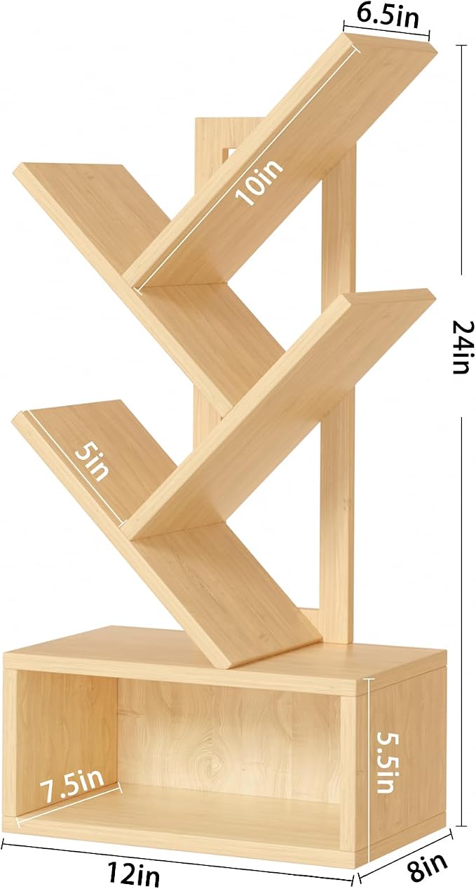 SHEEPAM Small Tree Book Shelf,5 Tier Black Tree Bookshelf,Wood Desktop Bookcase,Modern Desk Display Storage Bookshelves,Floor Standing Organizer Bookcases for Living Room,Bedroom,Office