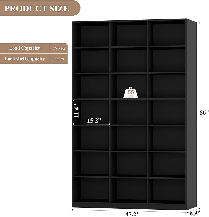 HOSTACK 86" H Triple Wide Bookshelf and Bookcase, 7 Tier Tall Bookshelf with Storage, Large Bookcase with 21 Open Display Storage Shelves, Wood Book Shelf Media CD DVD Storage for Living Room, Black