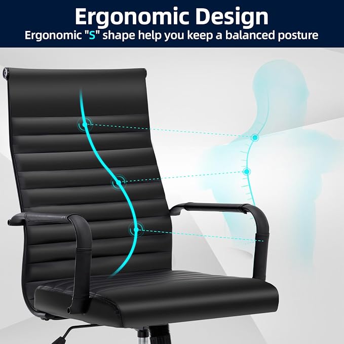 Conference Room Chairs, Ergonomic Executive Office Chair, Ribbed Leather Desk Chair with Lumbar Support, Adjustable Height Mid-Back Swivel Chair with Padded Seat
