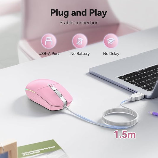TECKNET Wired Mouse - USB Corded Mouse with RGB Backlit Full Size Optical Silent Mouse with Side Buttons,LED Plug and Play Wired Connection Office Mice for Desktop,PC,Laptop