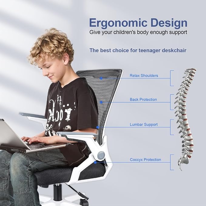 Ergonomic Office Chair with Flip-Up Arms, Small Desk Chair with Breathable Mesh Back, Home Office Desk Chair that Saves Space, Compact Swivel Computer Chair