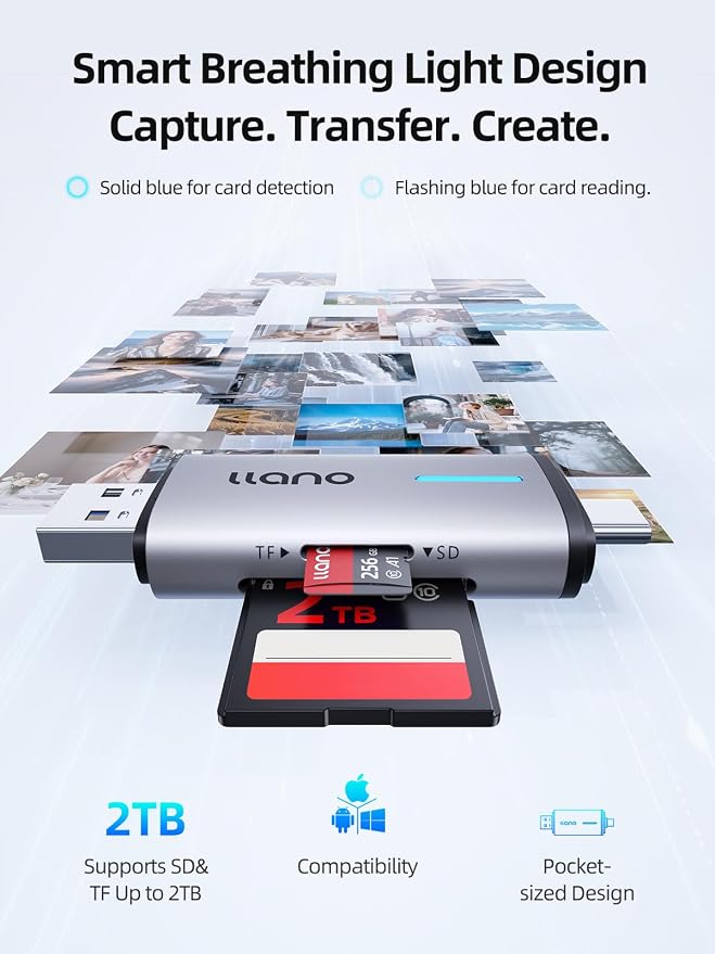 llano Micro SD Card Reader, 2 in 1 USB C 3.0 SD Card Reader Dual Slots Card Adapter, Memory Card Reader for MicroSD, SDHC, SDXC, Compatible with iPhone 17/16/15, MacBook, iPad, Android, Computer