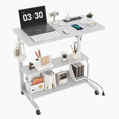 VINGLI 31.5" Mobile Small Standing Desk, Adjustable Height Mobile Computer Desk, w/2 AC Outlets + 3 USB Ports & Hooks, Storage Shelves, Suitable for Gaming, Studying, Home Office, White
