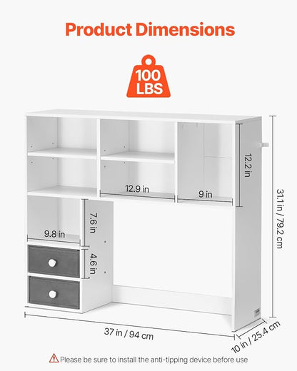 VEVOR Desktop Bookshelf, 3-Tier Desktop Storage Organizer, 37" x 10" x 31.1" Office Storage Rack Wood Display Shelf, Desktop Bookshelf Hutch with 2 Fabric Drawers, for Office, Home & Dorm, White
