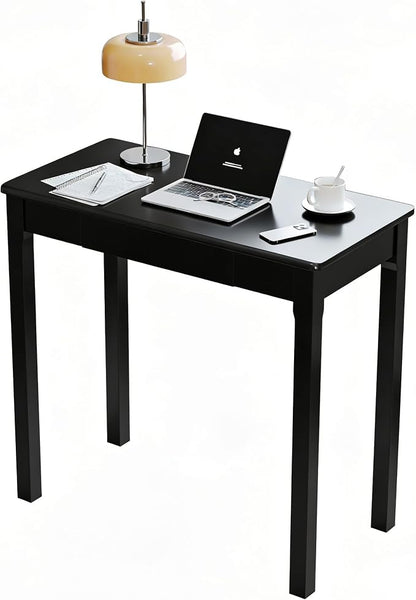 Solid Wooden Desk with Drawers - 32 x 16 Inch Narrow Desks for Small Spaces, Rubberwood Simple Study Table, Small Writing Desk for Bedroom - Modern Black Desks