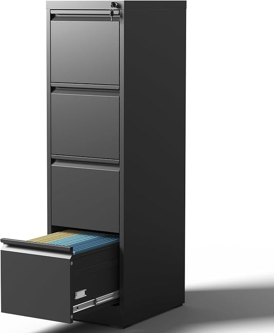4 Drawer Metal File Cabinet with Lock Heavy Duty Lockable Filing Cabinets Home Office Steel File Cabinet Black Vertical File Cabinets for Legal/Letter Size File,Assembly Required