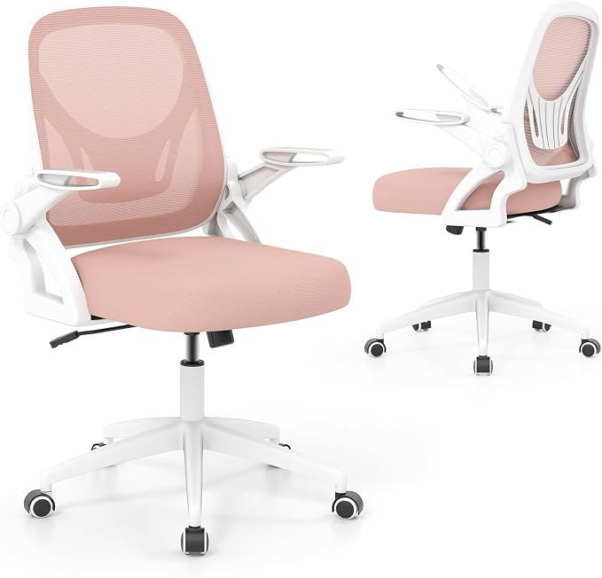 COSTWAY Office Chair, Comfy Swivel Rolling Desk Chair with Adjustable Height & Flip-Up Armrests, Ergonomic Mesh Computer Chairs with Lumbar Support for Working & Gaming, Pink