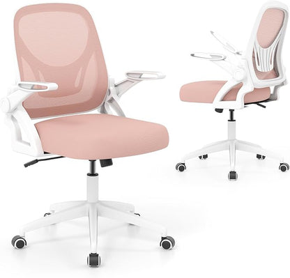 COSTWAY Office Chair, Comfy Swivel Rolling Desk Chair with Adjustable Height & Flip-Up Armrests, Ergonomic Mesh Computer Chairs with Lumbar Support for Working & Gaming, Pink