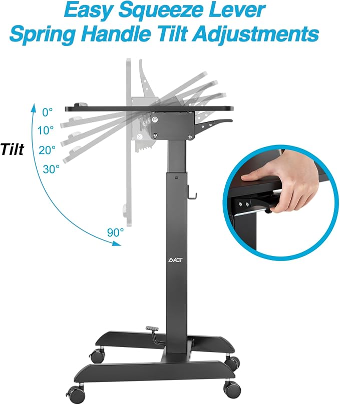 AVLT 47" Height Adjustable Mobile Workstation with Tilting Desk Black | 3 ft 11 inches - Foot Pedal Pneumatic Standing Desk Cart - Mobile Laptop Cart - Mobile Cart with Brake Casters