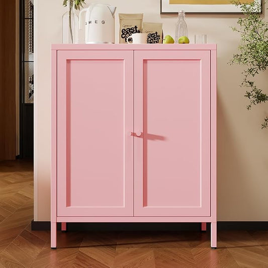 2 Door Metal Storage Cabinet-Small Bathroom Storage Cabinet with 1 Adjustable Shelf,Metal Freestanding Sideboard for Home Office, Living Room, Hallway, Entryway(Square Door, Pink)