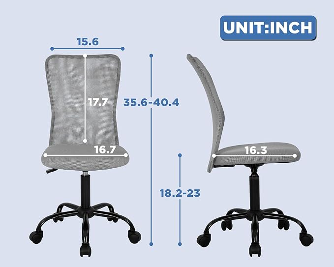 FDW Home Office Chair Mid Back Mesh Desk Chair Armless Computer Ergonomic Task Rolling Swivel Chair Back Support Adjustable Modern with Lumbar Support,Grey