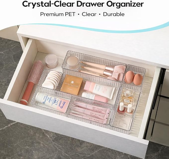 7 Pcs Clear Stackable Drawer Organizer Bins with 7 Connector Clips | 4 Sizes Interlocking Trays for Bathroom, Vanity, Makeup, Office Desk & Kitchen; Clear PET, Non-Slip, Stackable