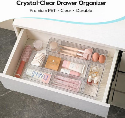 7 Pcs Clear Stackable Drawer Organizer Bins with 7 Connector Clips | 4 Sizes Interlocking Trays for Bathroom, Vanity, Makeup, Office Desk & Kitchen; Clear PET, Non-Slip, Stackable