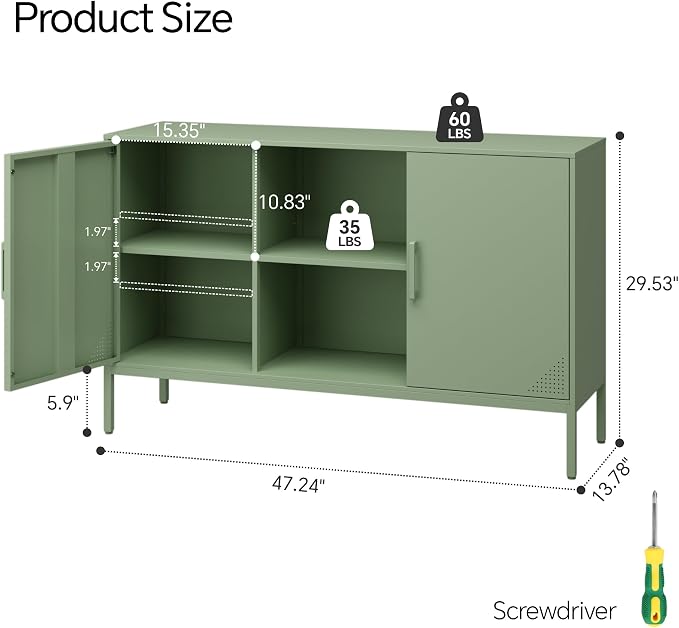 Steehoom Metal TV Stand for 65 Inch TV, Metal Storage Cabinet Sideboard Buffet Cabinet Coffee Bar 2 Door Locker Pantry for Office Home Kitchen (Green, 47.24" D x 13.78" W x 29.53" H)