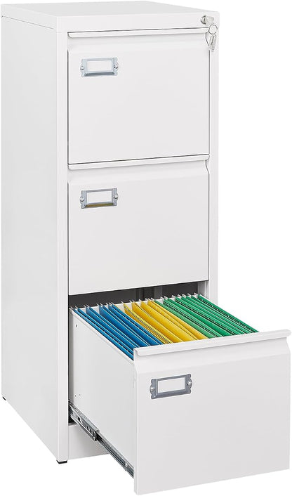 SISESOL 3 Drawer File Cabinet with Lock and Tag,Narrow Three Drawer Filing Cabinet,Vertical Metal File Cabinets,Small White Filing Cabinets for Home Office Fit Letter/A4/Legal Size File,Easy Assembly