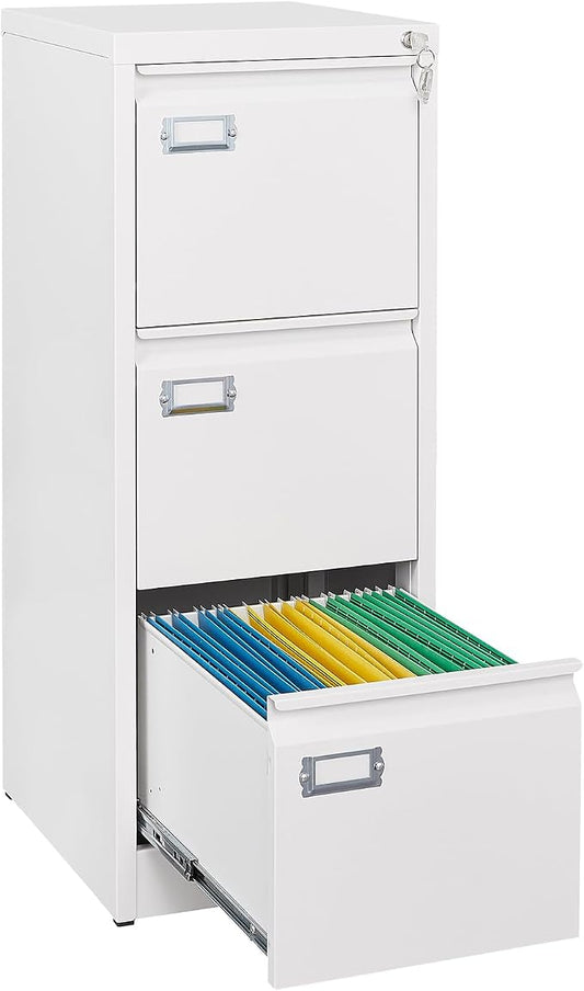 SISESOL 3 Drawer File Cabinet with Lock and Tag,Narrow Three Drawer Filing Cabinet,Vertical Metal File Cabinets,Small White Filing Cabinets for Home Office Fit Letter/A4/Legal Size File,Easy Assembly