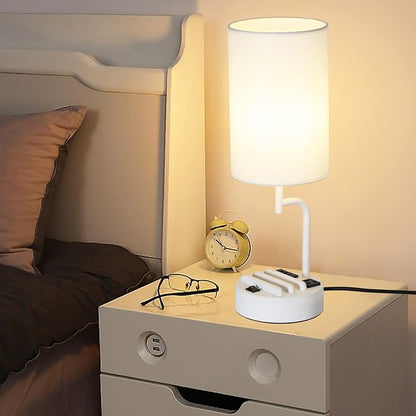 Dreamholder Table Lamp with 3 USB Charging Ports, Modern Desk Lamp with AC Outlet and Phone Stands, Perfect Bedside Lamp for Bedroom, Living Room, Office (Pack of 2), White