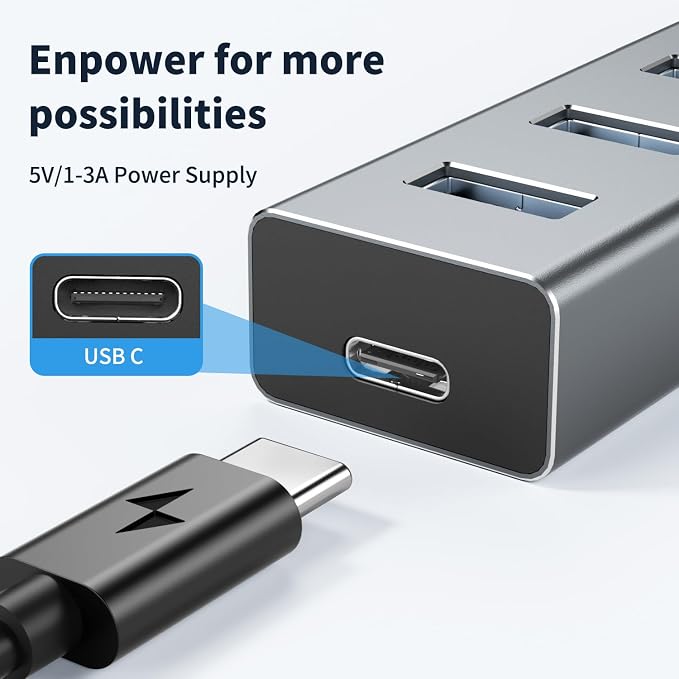 atolla Aluminum 7-Port USB 3.0 Hub with 1m Extension Cable - 5Gbps High-Speed Data Transfer for MacBook Pro, Laptop, PC, Gaming Setup-Gray