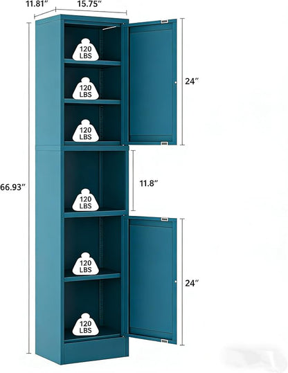 Blue Narrow Storage Cabinet Tall Metal Storage Cbinets with 4 Adjustable Shelves Freestanding 5 Tier Slim Pantry Cabinet for Kitchen Office Small Space