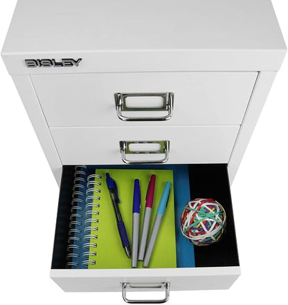 Bisley 3-Drawer Steel MultiDrawer Cabinet - Traffic White | Chrome Pull Handles with Label Holders, Powder-Coated Steel, Removable Drawers, Desktop Storage, Labels Included