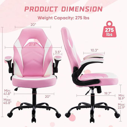 OLIXIS Computer Gaming Desk Chair - Big and Tall Ergonomic Lumbar Support with Flip-up Armrest and 360° Swivel Wheels, PU Leather Height Adjustable, for Home and Office, Pink and White