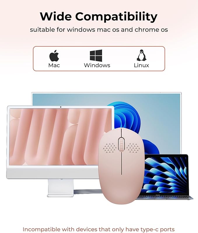 seenda Wireless Mouse for Laptop, 2.4G Noiseless Mouse with USB Receiver - Optical Tracking Portable Computer Mice for Chromebook, PC, Tablet, Windows System, 24 Months Battery Life - Pink