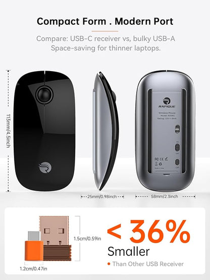 RAPIQUE R306C USB C Wireless Mouse for MacBook, Type-C 2.4GHz Portable Computer Mouse with USB-C Receiver, Silent Click, Slim Cordless Mouse, 3-Speed DPI, for iPad, Chromebook, Laptop, MacOS - Black