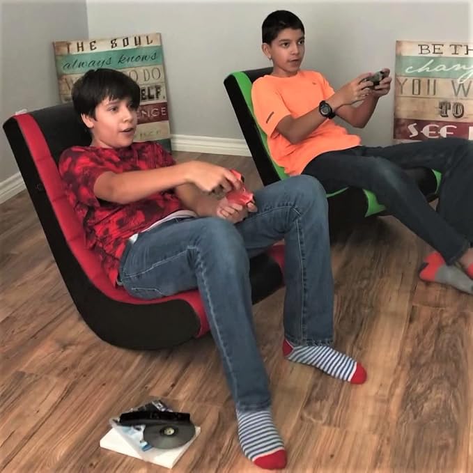 The Crew Furniture Classic Video Rocker Gaming Chair, for Kids and Teens, PU Faux Leather & Polyester Mesh, Black/Blue