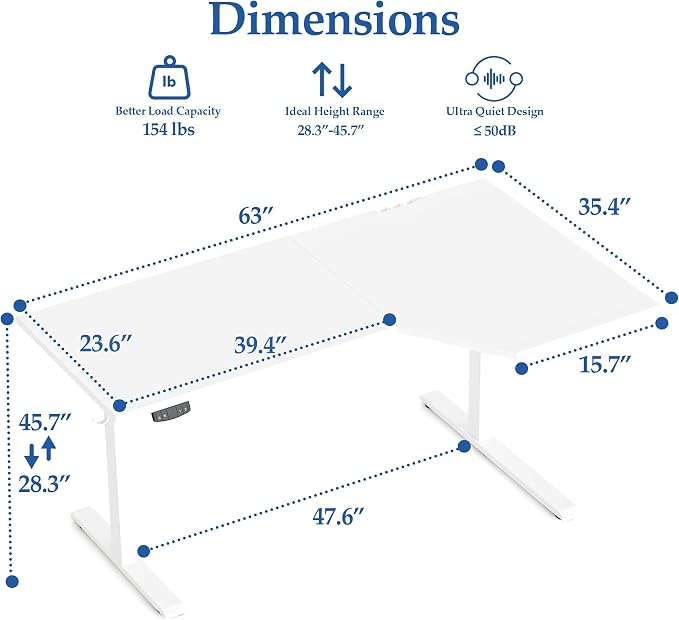 Klicelor L Shaped Standing Desk 63 x 35.4 Inch, Electric Height Adjustable Corner Desk for Home Office Workstation, Ergonomic Sit Stand Computer Table with Memory Controller, White