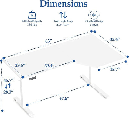 Klicelor L Shaped Standing Desk 63 x 35.4 Inch, Electric Height Adjustable Corner Desk for Home Office Workstation, Ergonomic Sit Stand Computer Table with Memory Controller, White