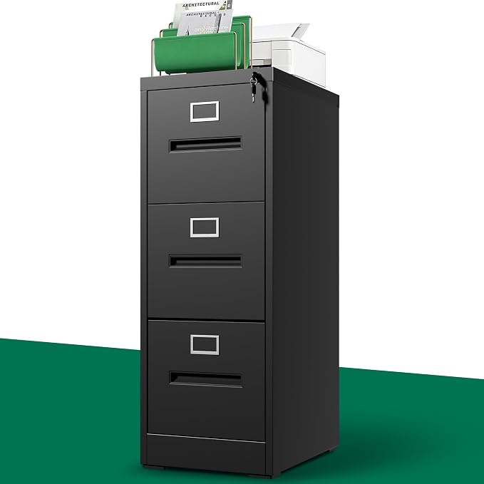 3 Drawer File Cabinet, Vertical File Cabinet with Lock, Metal Locking Filing Storage Cabinet for Home Office, Hanging Files for A4/ Legal/Letter, Assembly Required, Black