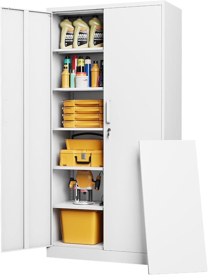 Metal Garage Storage Cabinet, 72" Tall White Tool Cabinet with Lockable Doors and 5 Adjustbale Shelves for Garage,HomeOffice