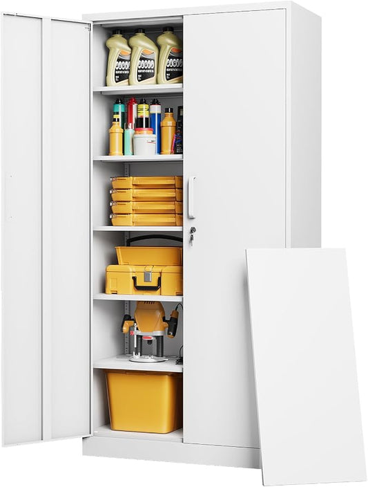 Metal Garage Storage Cabinet, 72" Tall White Tool Cabinet with Lockable Doors and 5 Adjustbale Shelves for Garage,HomeOffice