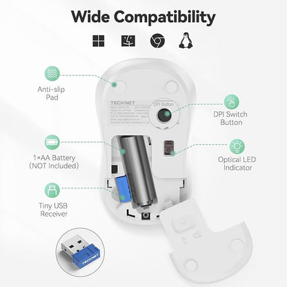 TECKNET Wireless Mouse for Laptop, 2.4G Silent Mouse Quiet Click, Small Portable Computer Mouse, 5 DPI Levels, Cordless Mice for PC, Chromebook, Mac - White
