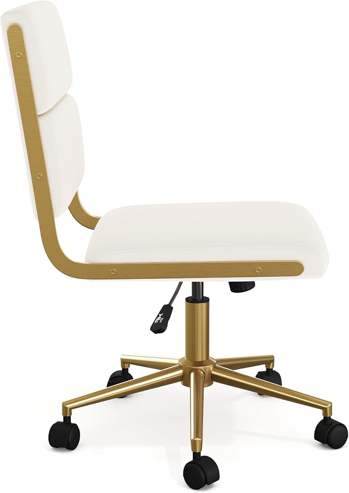 Martha Stewart Lulu Swivel Task Chair with Height Adjustable Seat for Home Office in Off White Faux Leather with Polished Brass Frame