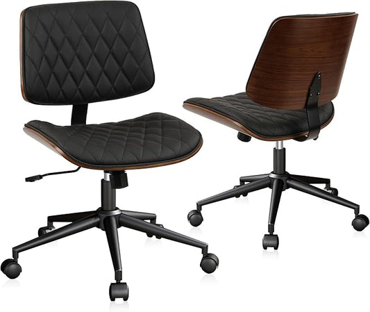 CLATINA Home Office Desk Chair with Wheels, Adjustable Height Armless Office Chair, PU Leather Mid Back 360 Swivel Computer Chair, Modern Walnut Chair for Home, Meeting, Reading Room,Black(2 pk)
