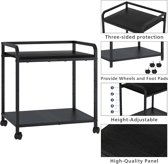 21"x15.8" Large Printer Stand with Storage, 2-Tier Under Desk Printer Table, Rolling Printer Cart with Lockable Wheels for Home, Office (Black)