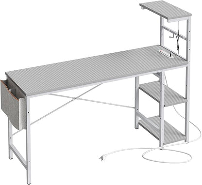 Bestier Gaming Desk with Power Outlets, 61 Inch Large Led Gamer Desk with 4 Tiers Reversible Shelves, PC Gaming Table with Headset Hook & Side Storage Bag for Bedroom (Grey 3D Carbon Fiber)
